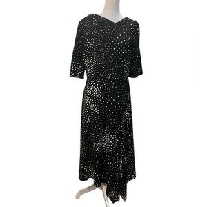 Teri Jon Polka Dots Elbow Sleeve Asymmetric Draped Midi Dress Size 8